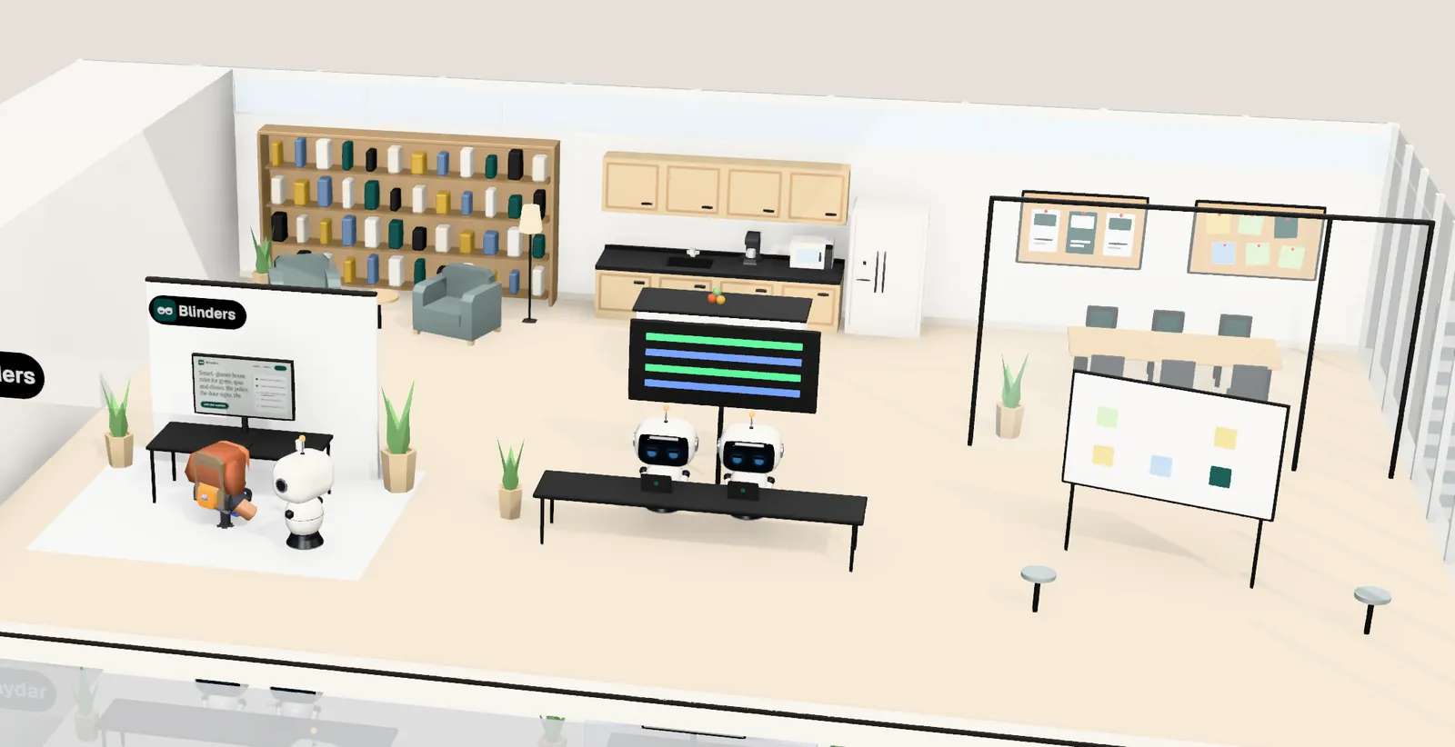 Blinders’ office on floor 22 of Tower 2: the owner’s desk with the website on screen, the agents’ bench, a meeting room and a library